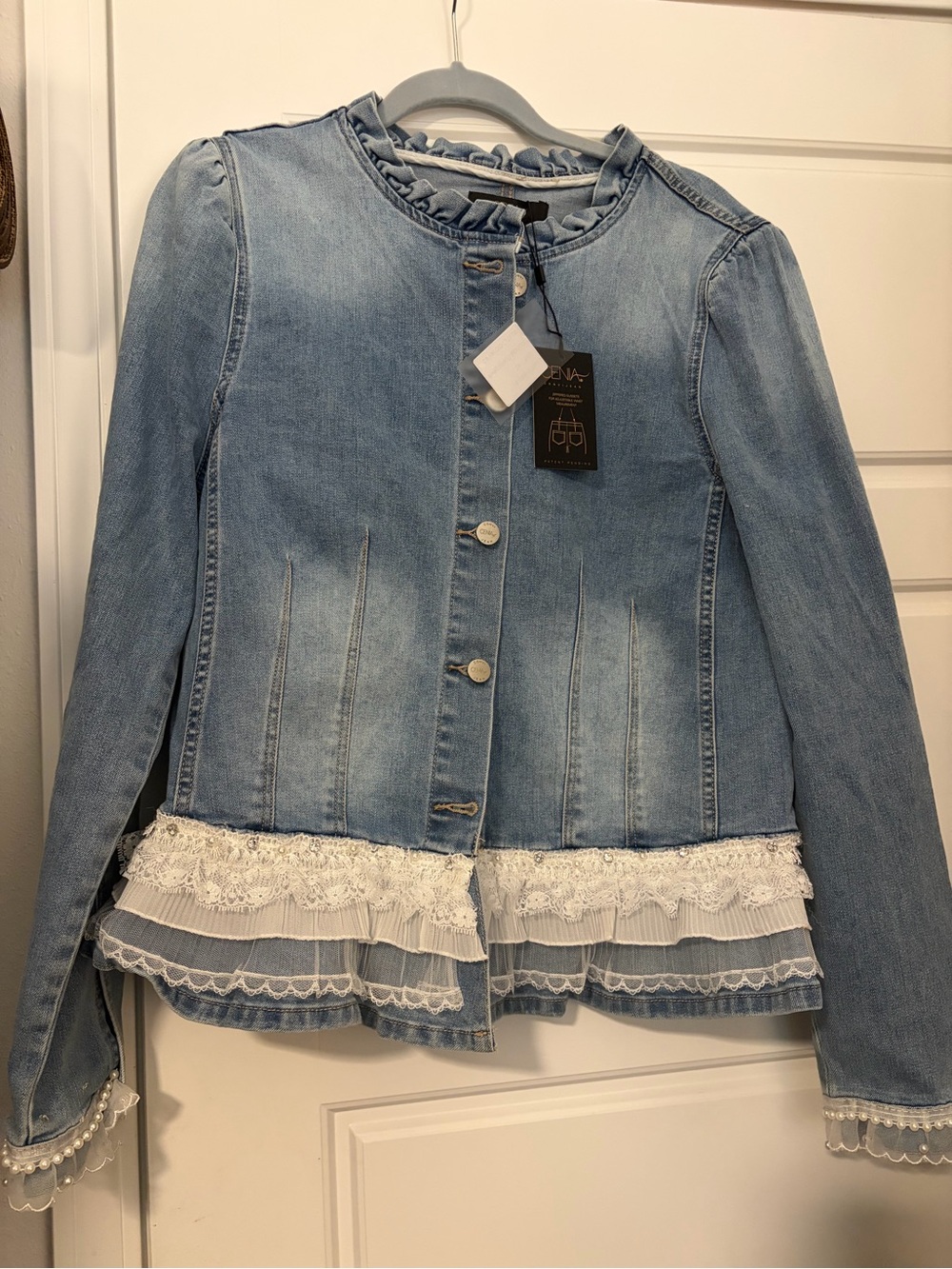 Light Blue Lace-Trim Denim Jacket with pearls